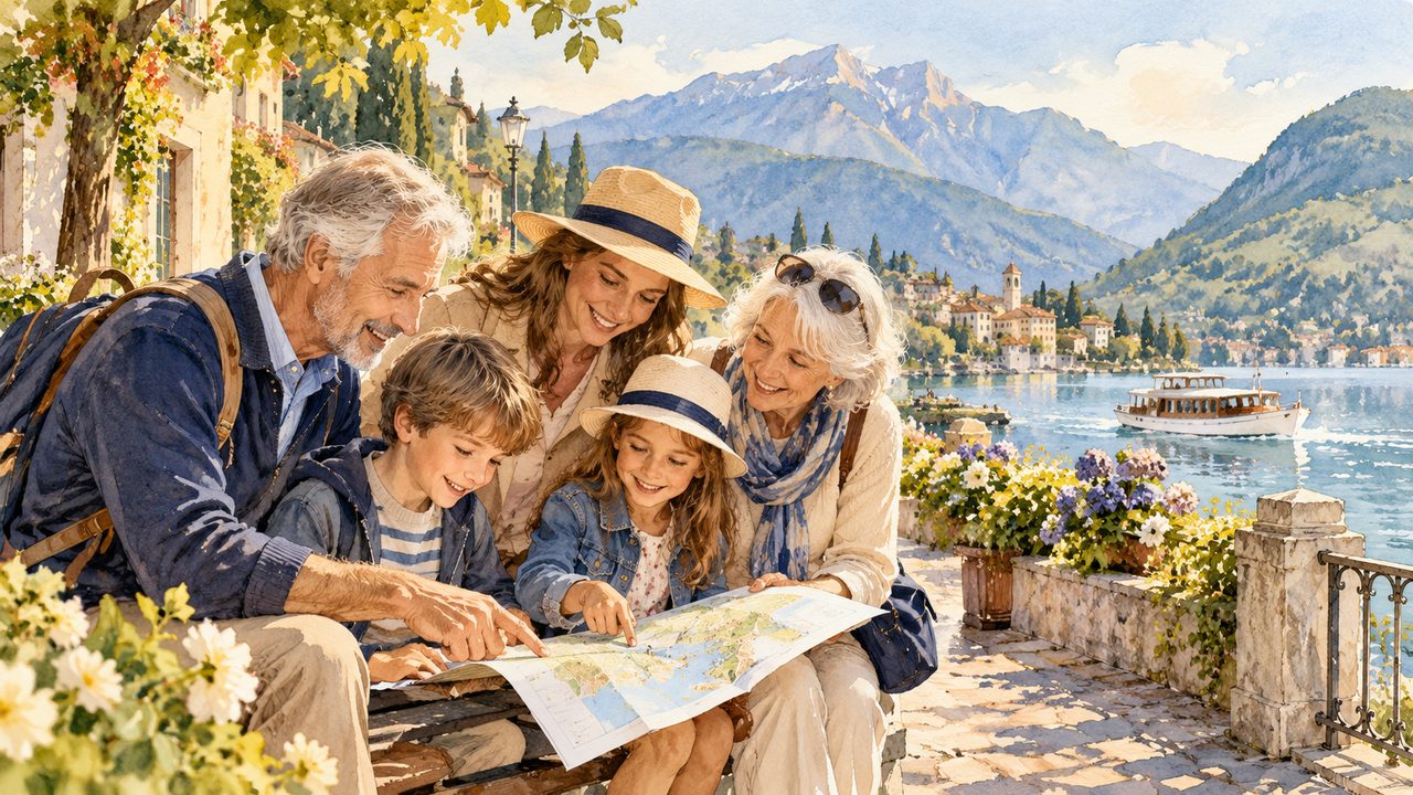 Multigenerational family sharing a travel map beside a scenic lake.