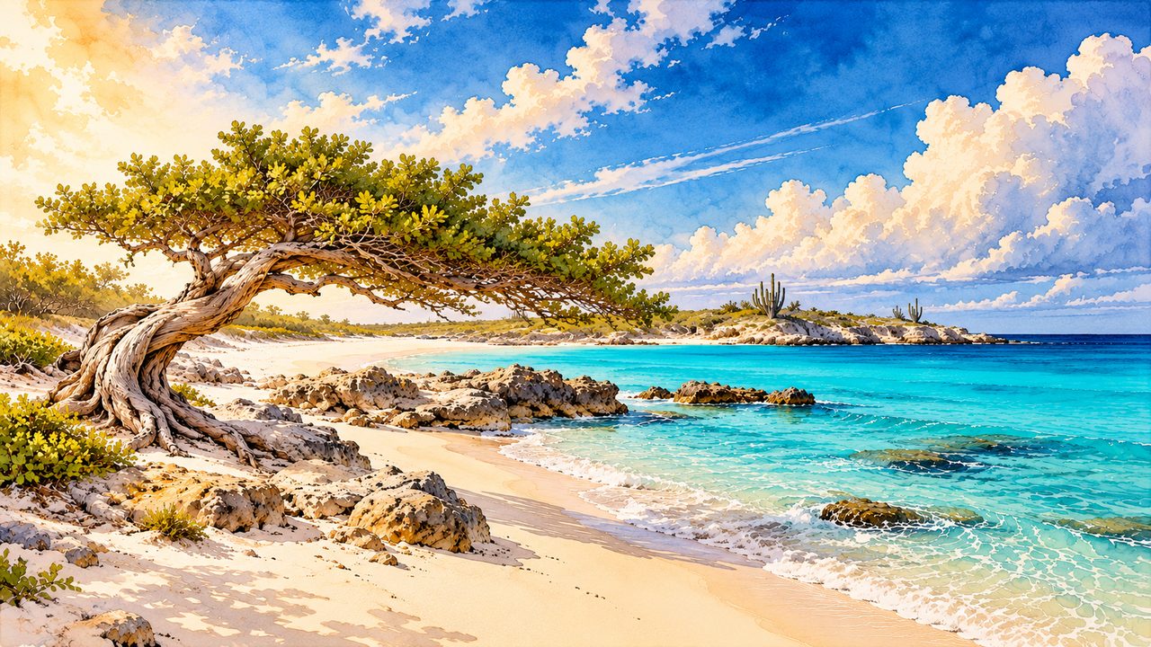 Aruba-inspired white beach, turquoise water and a windswept tree.