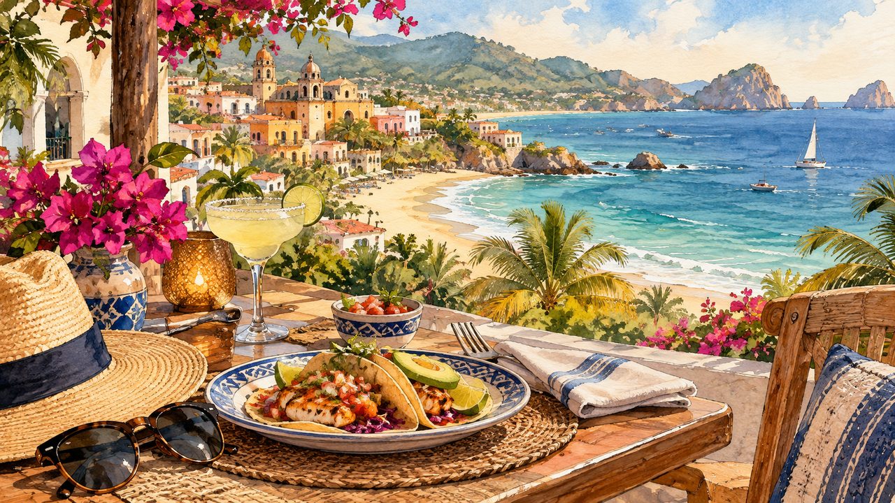 Mexican-inspired meal and beach accessories overlooking a colorful coastal town.