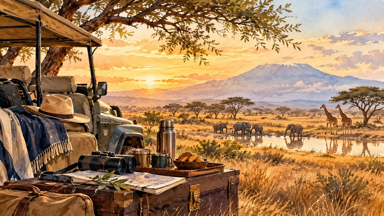 Safari vehicle, equipment and acacia tree overlooking a wildlife landscape.