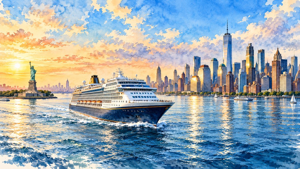 Generic cruise ship passing the New York skyline and Statue of Liberty.