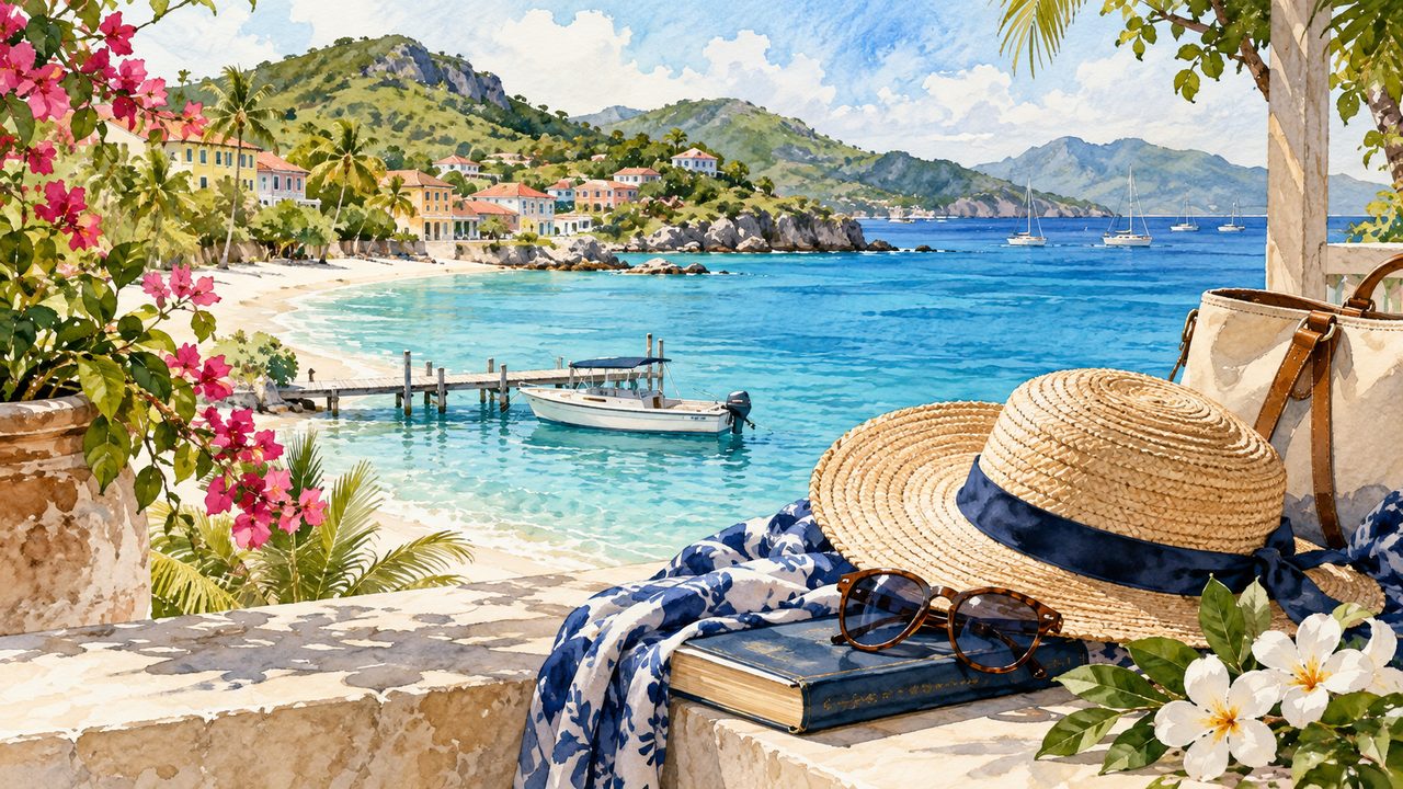 Travel bag, hat and notebook overlooking a Caribbean-inspired bay.
