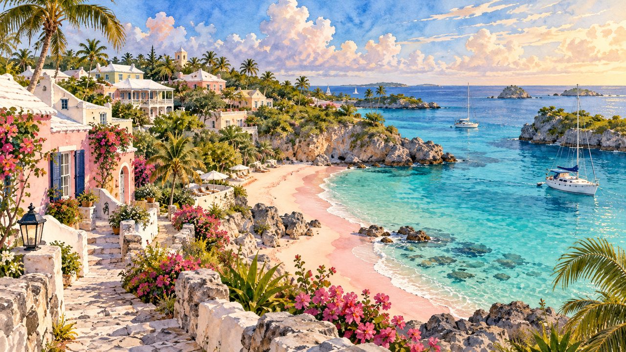 Pastel coastal village and turquoise coves inspired by Bermuda and Bahamas travel.