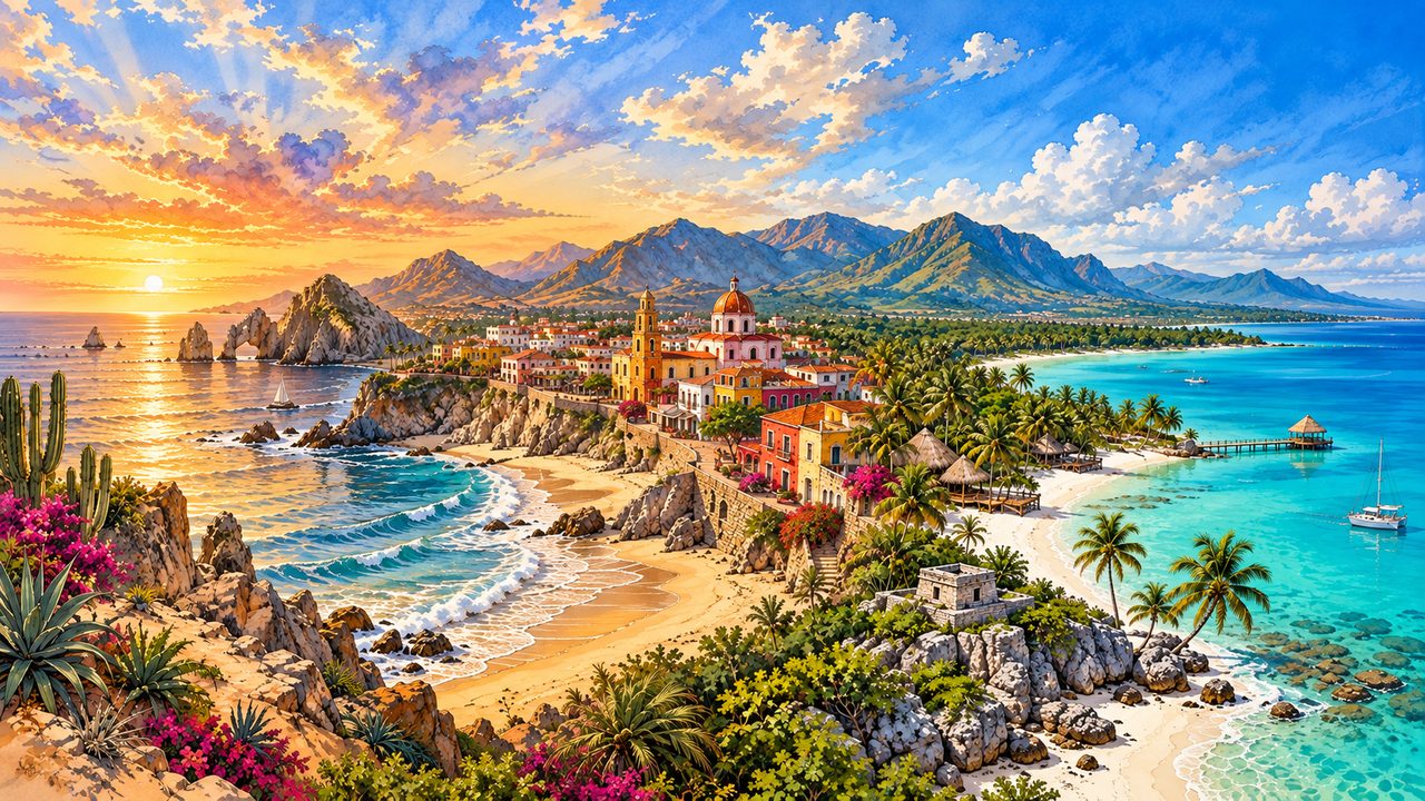 Conceptual Mexican coast with golden beach, coastal town and tropical shore.