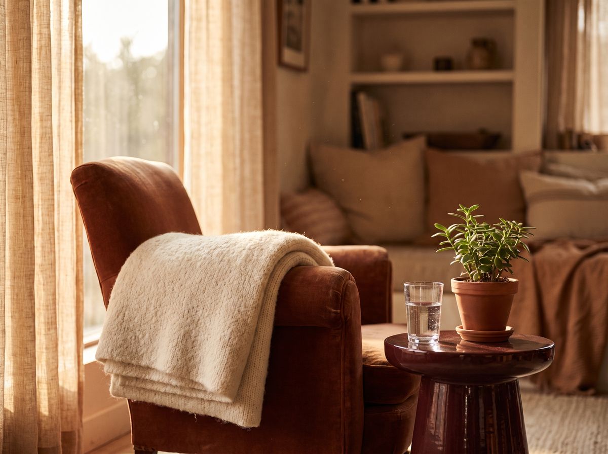 A soft wool blanket on a chair by a sunlit window with a glass of water, a safe and calm setting for trauma therapy