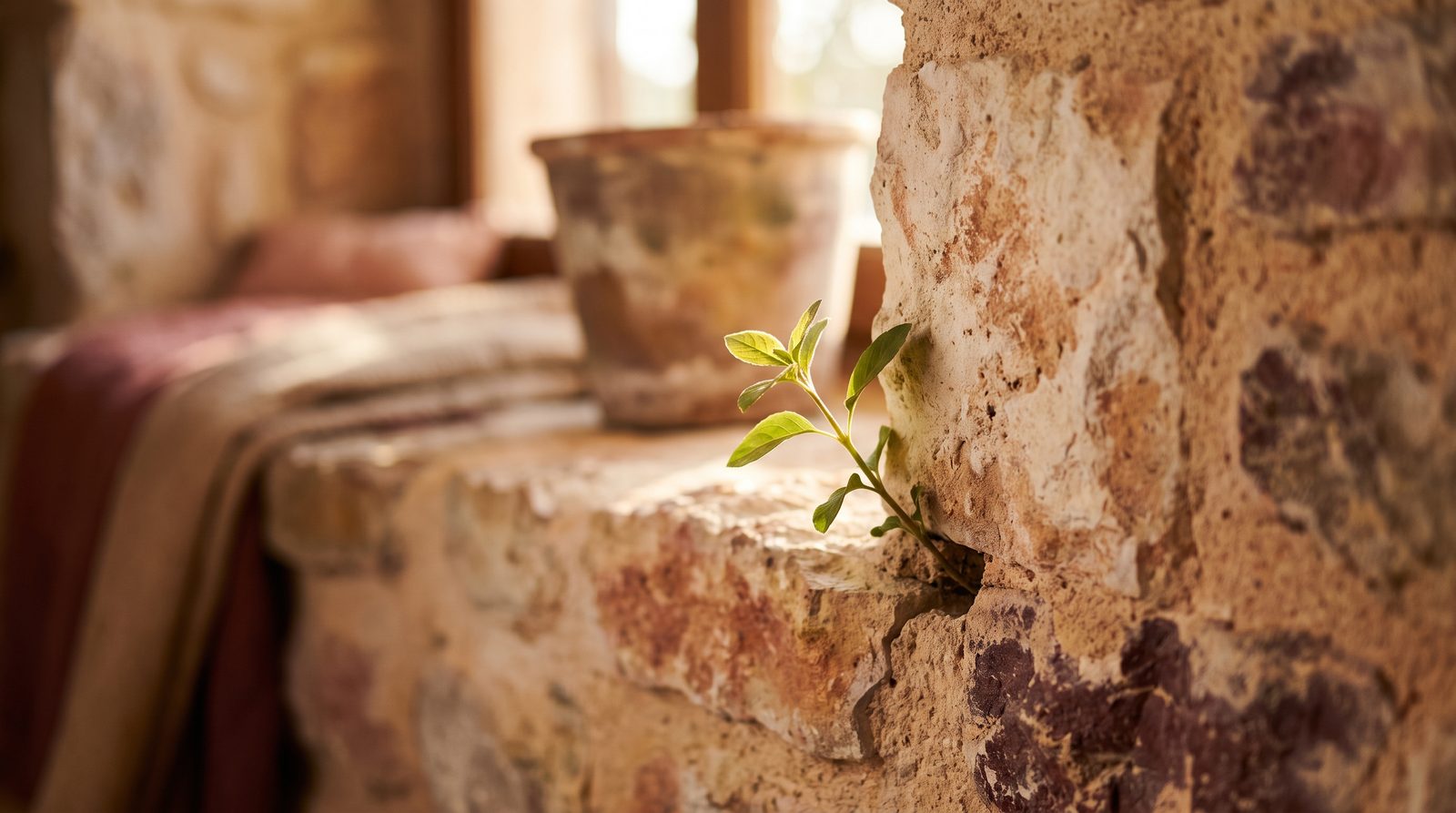 A young green plant growing from a crack in weathered stone in warm light, a hopeful image for trauma therapy