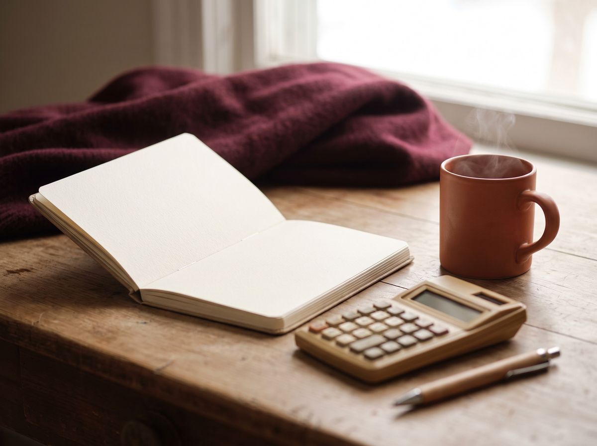 Notebook, calculator and pen on a wooden table for budgeting therapy cost in California