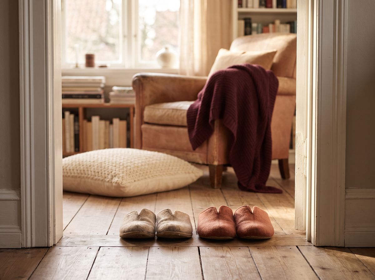 Two pairs of slippers side by side at a family living room doorway, a quiet image for talking to South Asian parents about mental health