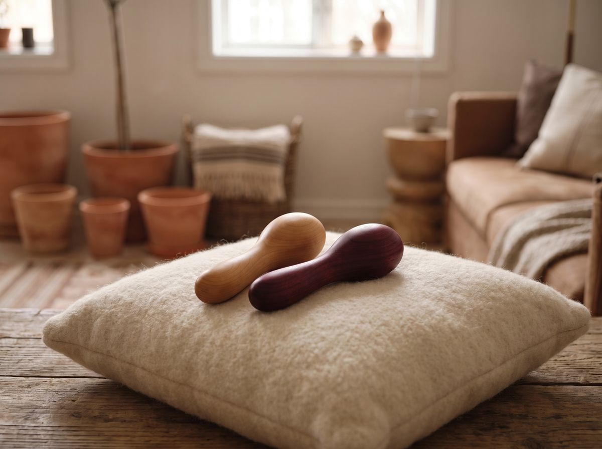 Two small wooden handheld objects on a cushion, a symbol of the gentle bilateral rhythm used in EMDR therapy