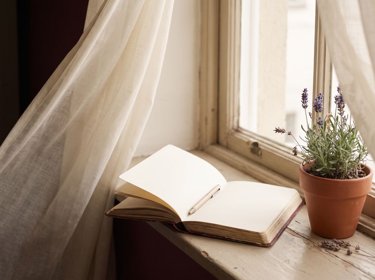 Open journal and pen on a sunlit windowsill beside lavender, a quiet tool often used in therapy for anxiety