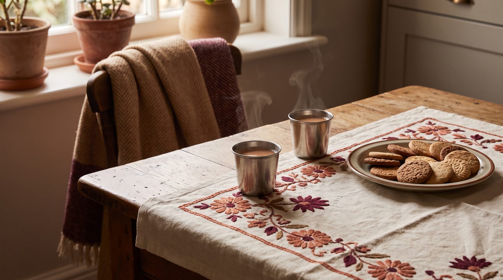 Two steel cups of chai on an embroidered tablecloth in a family kitchen, an image for talking to South Asian parents about mental health