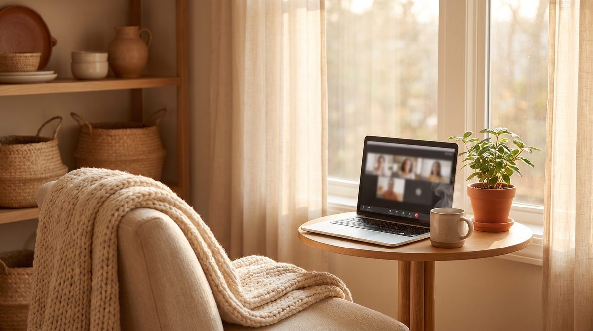 Calm home setting for an online therapy session in California