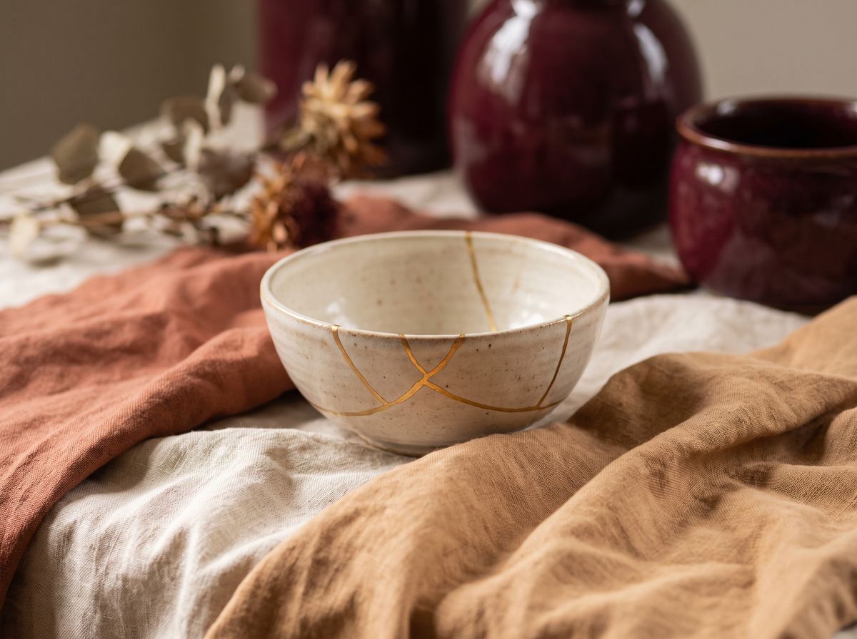 Ceramic bowl repaired with a gold kintsugi seam, a symbol of overcoming perfectionism and valuing imperfection