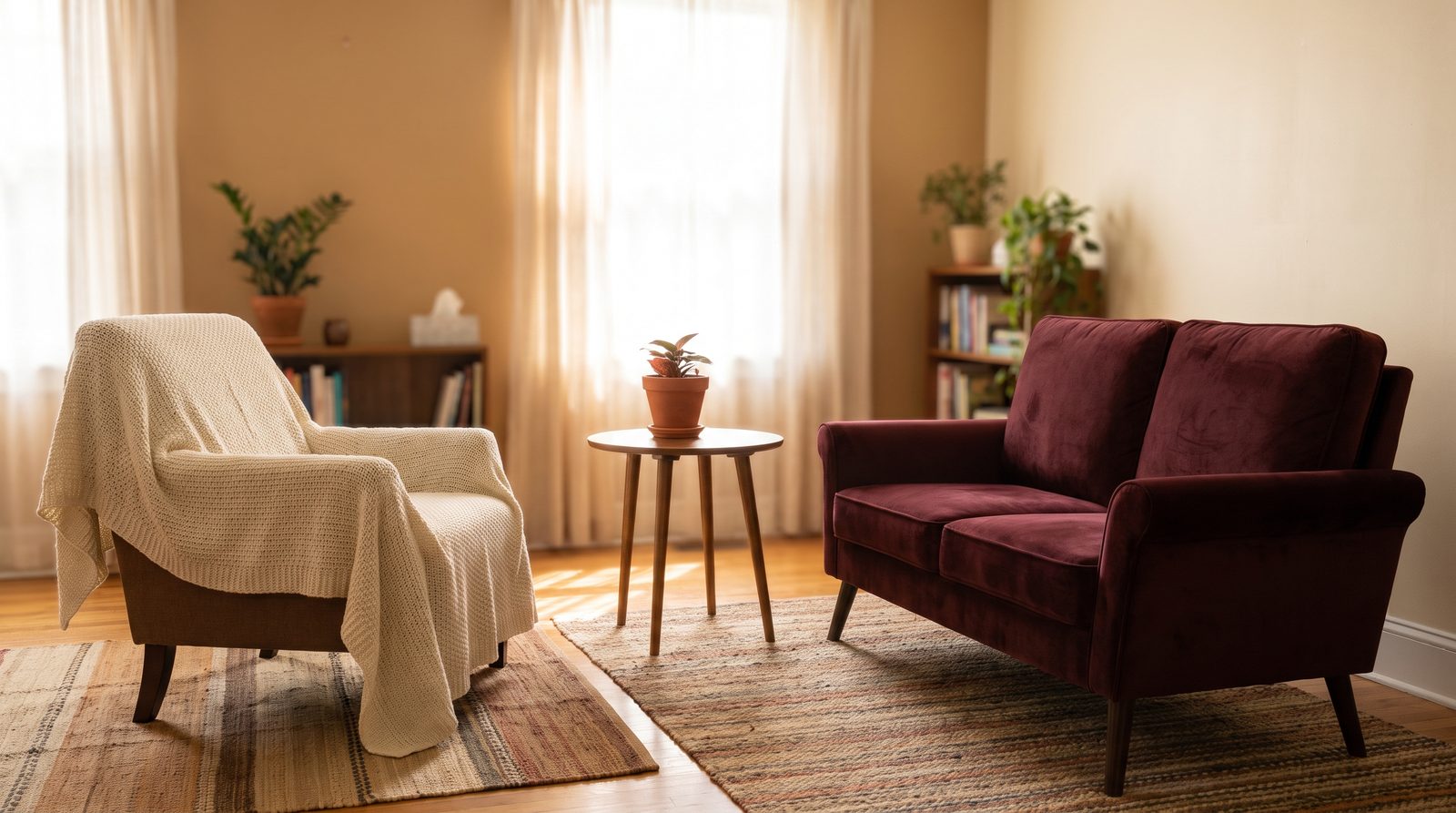 A therapy room with one armchair and a two-seat loveseat, comparing individual therapy and couples therapy
