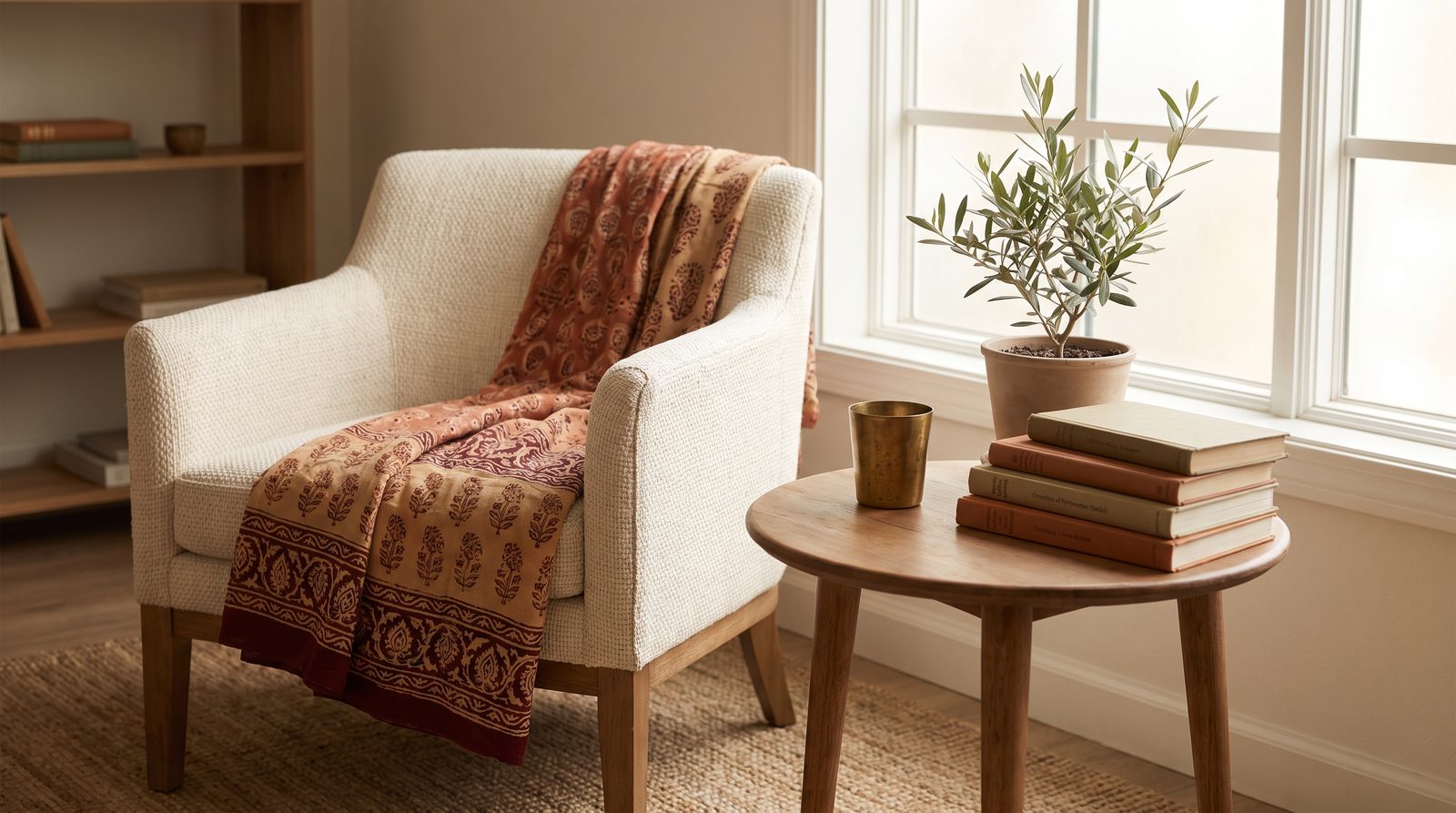 A calm therapy office with a block-print textile, brass cup and books, an image for finding a South Asian therapist in California