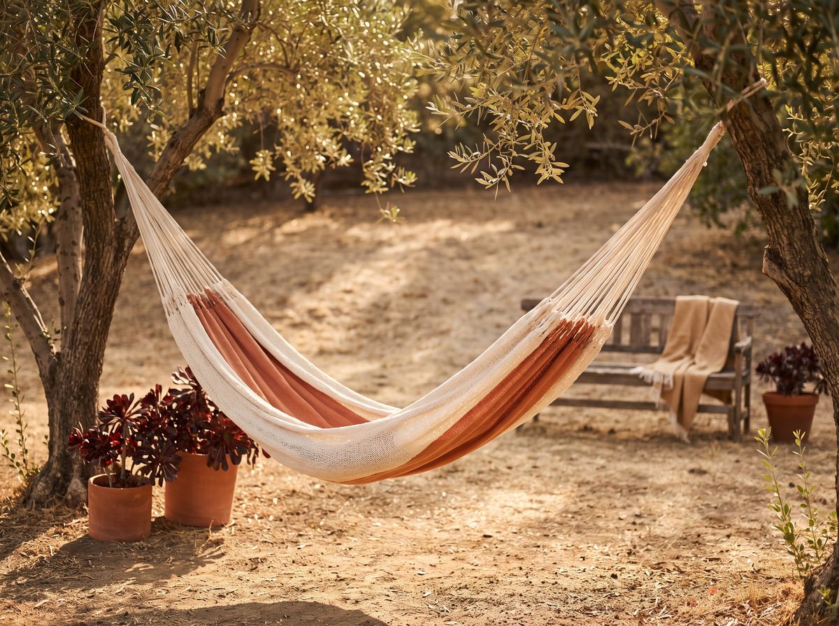 An empty hammock in dappled shade in a California backyard, a symbol of rest during recovery from burnout