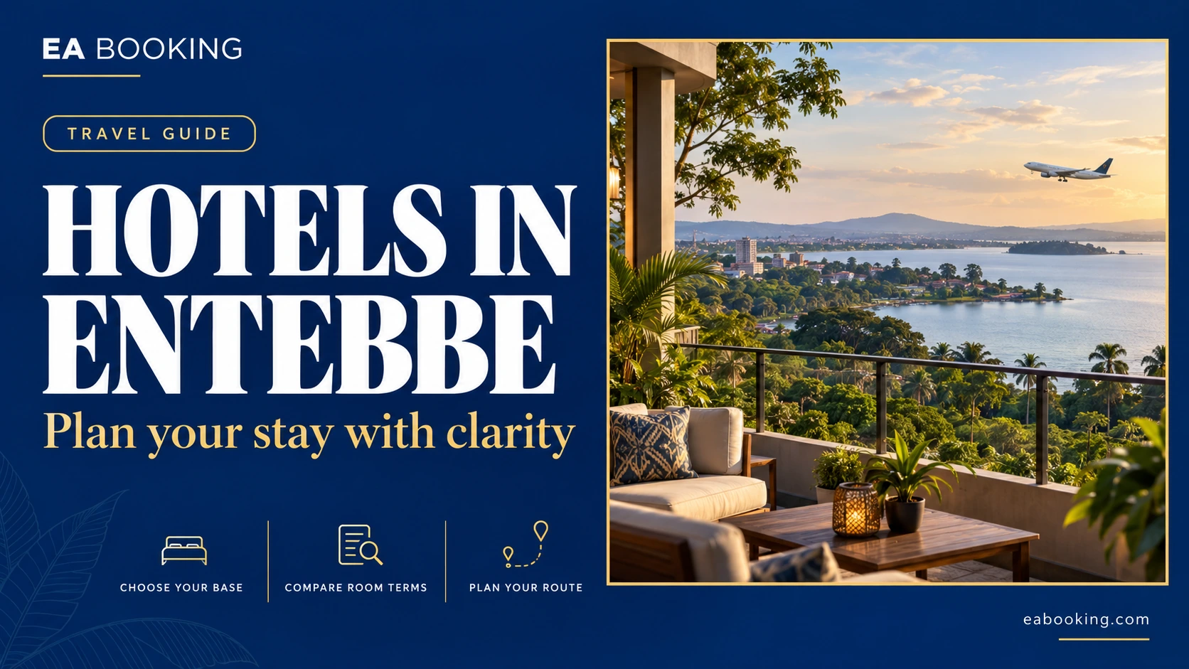 EA Booking guide cover: Hotels in Entebbe for airport nights, lake stays and onward travel