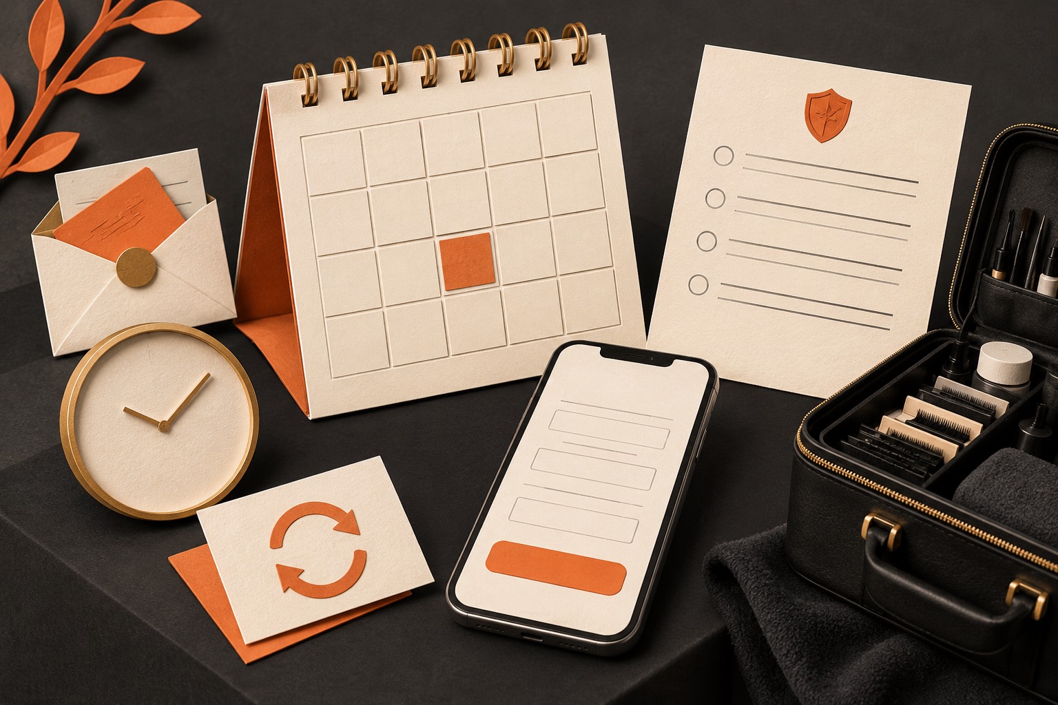 A blank appointment calendar and phone form surrounded by a deposit envelope, unnumbered clock, rescheduling slip, policy sheet, and lash case.