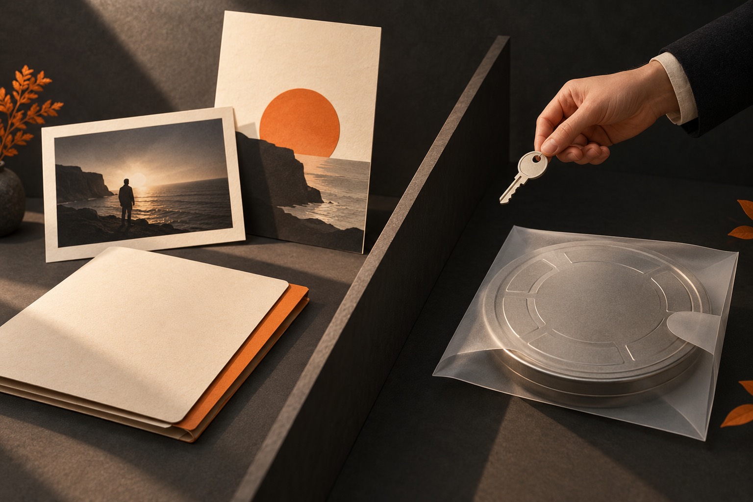 A blank still frame, poster board, and folder on one side of a tabletop; a covered film canister, key, and hand near a low partition on the other.