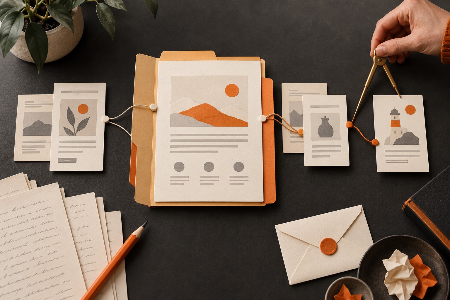 A central folder with a service-page sheet, smaller page cards, linking threads, overlapping cards, a brass divider, pencil, and sample manuscript pages on a desk.