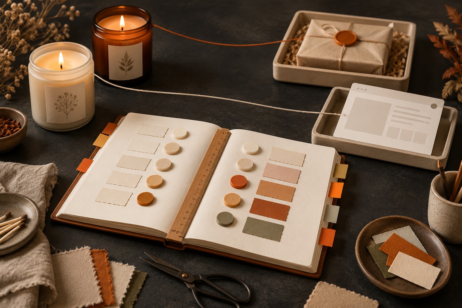 Two candle jars, blank ledger pages with colored tabs, a ruler, blank cards, a paper parcel, and threads leading toward two separate trays on a worktable.