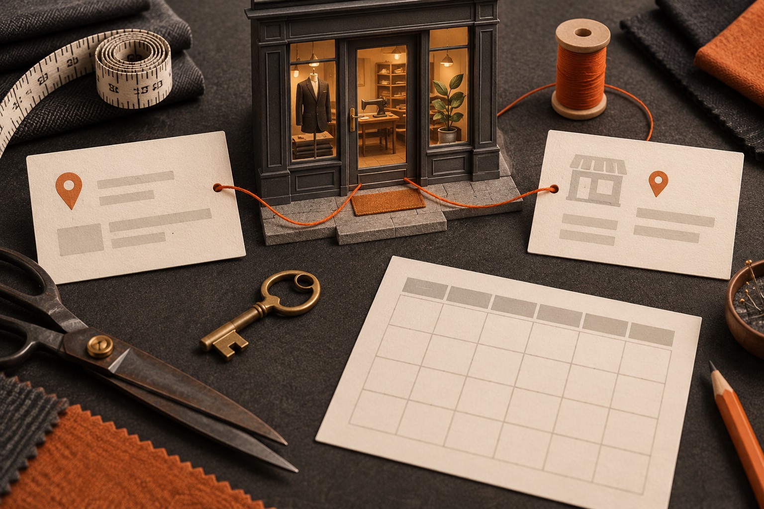 A miniature storefront, brass key, folded measuring tape, two blank address cards, an empty weekly-hours grid, and orange thread connecting the cards to the door.