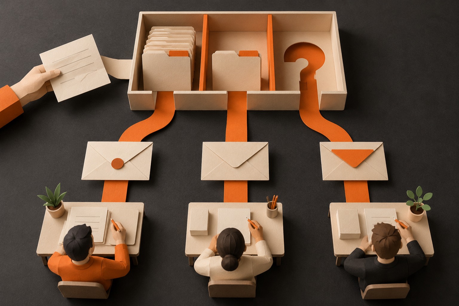 A folded brief enters a three-channel paper sorting tray, leading to folders, envelopes, and a reviewer’s pencil at a small desk.