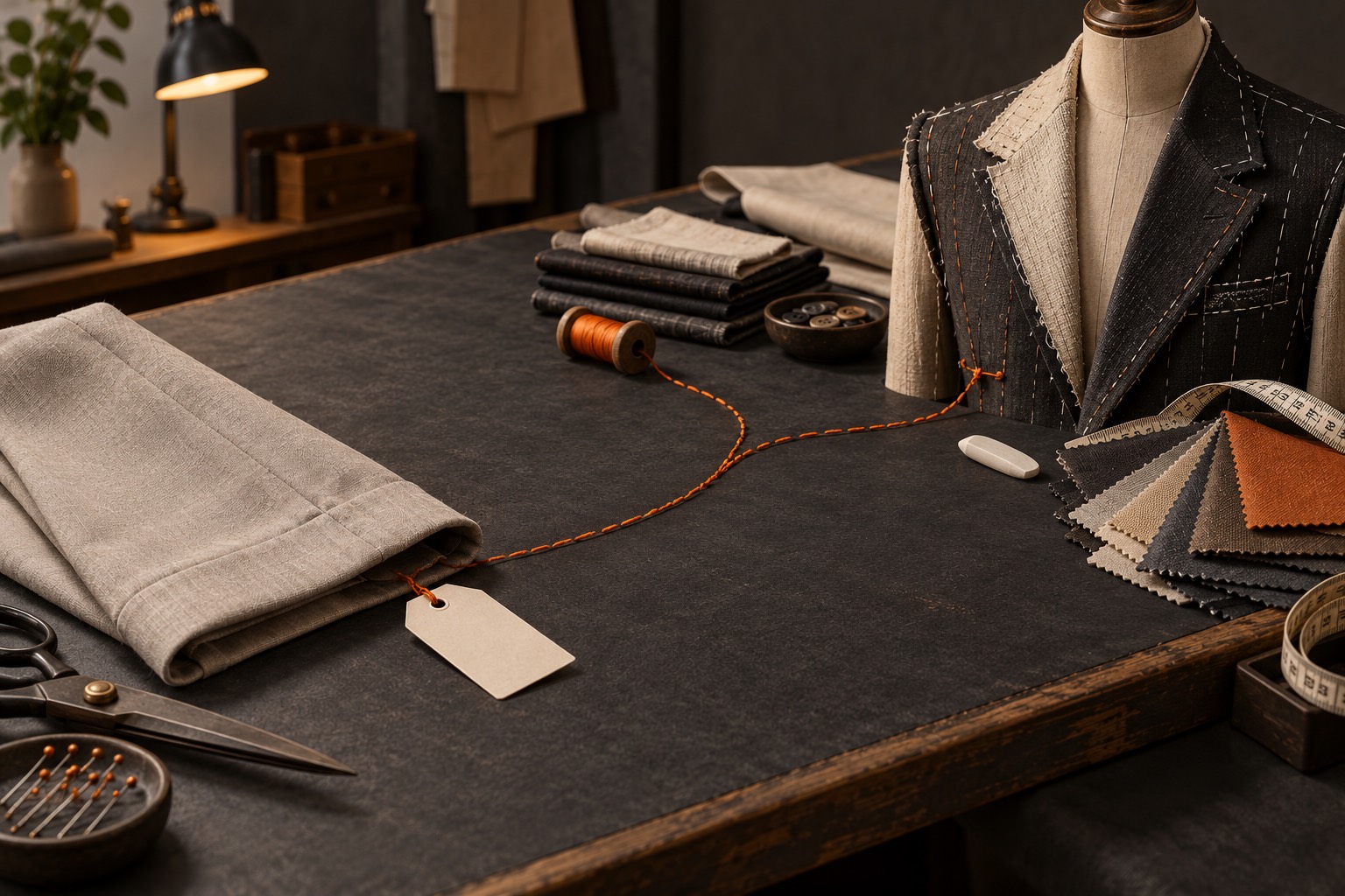 A trouser cuff, half-constructed jacket on a dress form, blank tag, chalk, folded fabric swatches, measuring tape, and branching orange basting thread on a workbench.