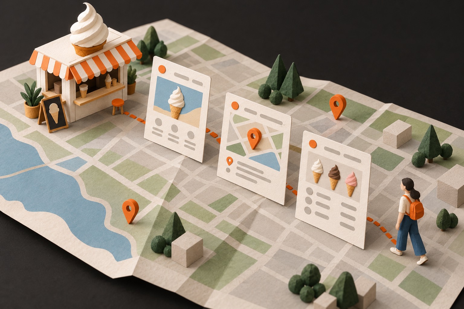 A small soft-serve stand model, folded street map, three blank page panels, location-shaped tokens, and a tiny visitor figure.
