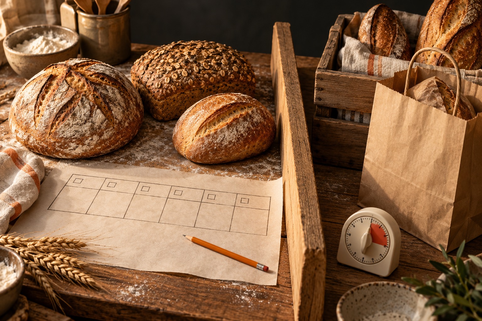 Loaves and a kitchen timer sit beside a blank calendar, parchment divider, market crate, and pickup bag on a bakery worktable.