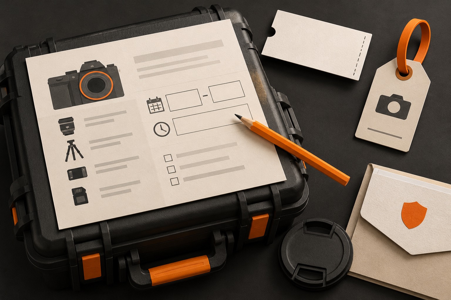 A rental request sheet with blank date fields lies on a camera case beside a receipt slip, pencil, lens cap, and document sleeve.