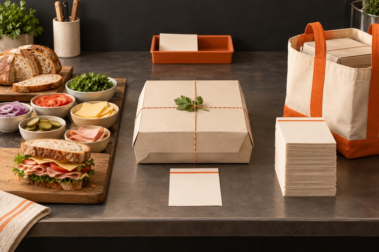 Sandwich ingredients, a closed platter box with a blank slip, and stacked lunch order cards beside an office tote on a deli counter.