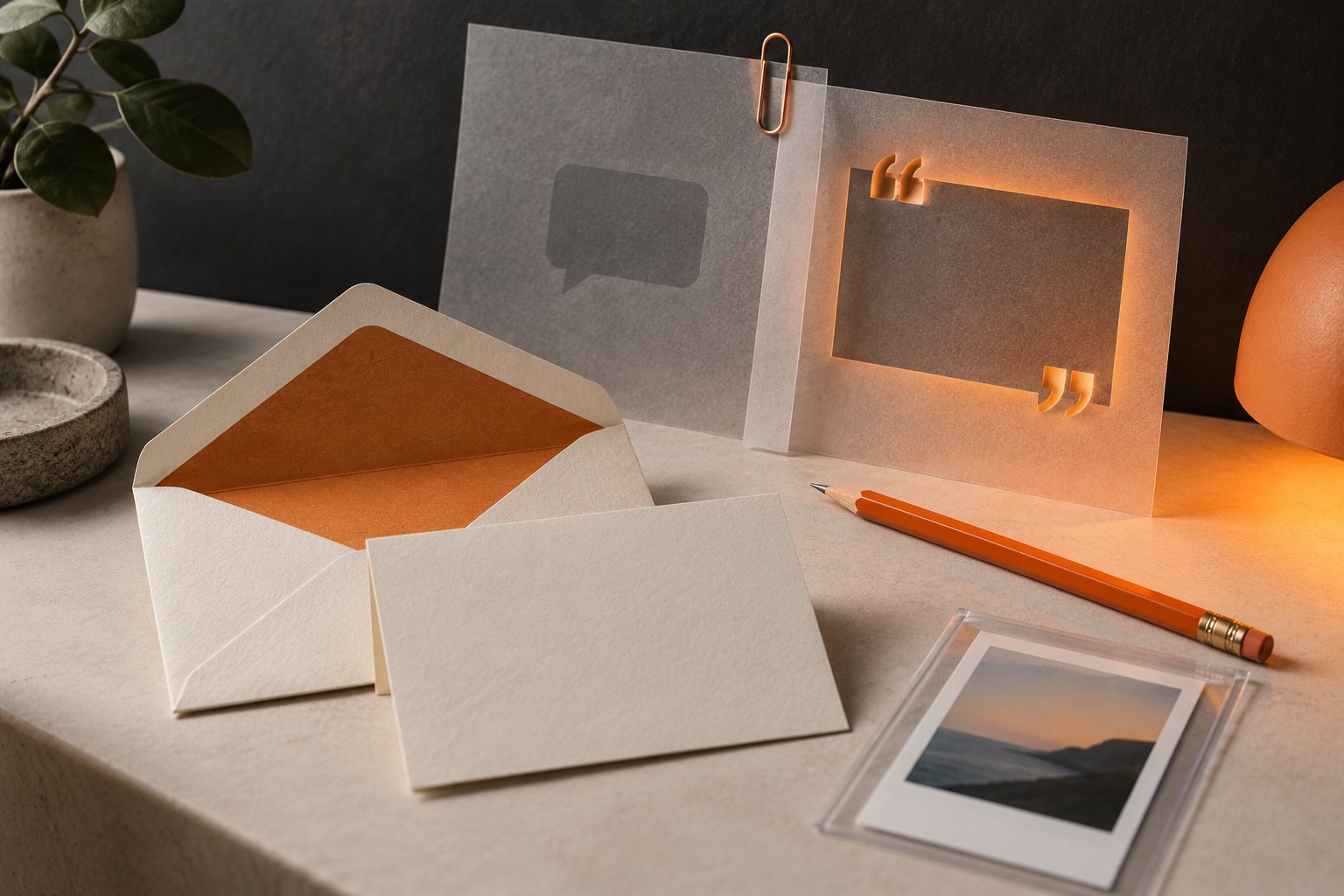 A blank envelope, folded note, pencil, plain snapshot, and two overlapping translucent sheets with an empty frame rest on a pale table.