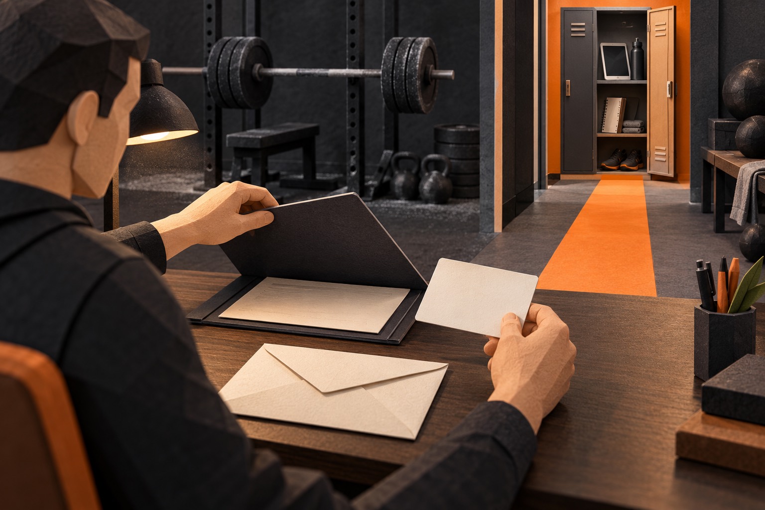 A sealed application envelope and closed folder sit at a coach’s desk; beyond them, an approval card, tablet, training log, weight plates, and barbell are visible.