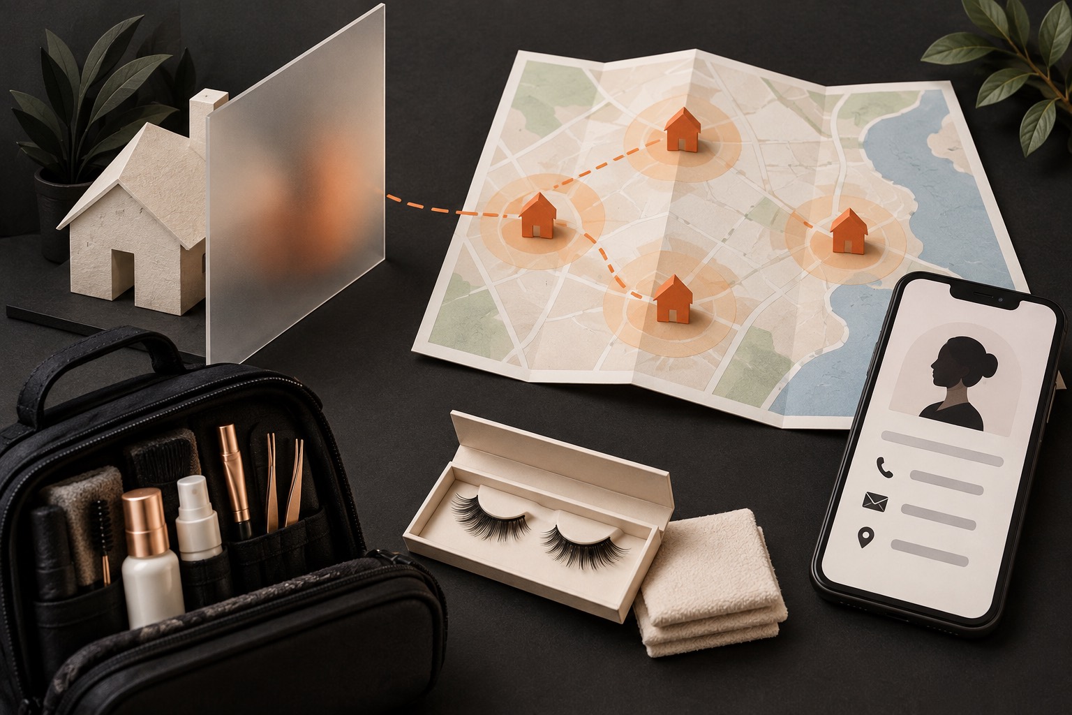 A map, a small house token beneath a translucent screen, a phone with a generic profile-card silhouette, and a lash travel kit.