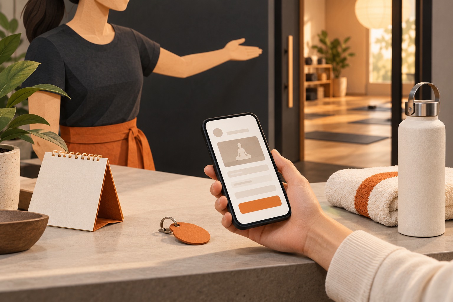 A hand holds a phone with an abstract booking screen above a reception counter beside a key tag, water bottle and folded towel; a staff member points toward a studio doorway.