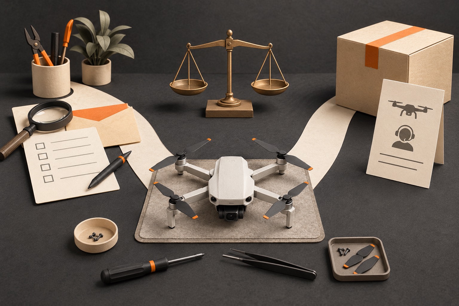 A drone on an inspection mat between two paper paths, with a loupe and estimate envelope on one side, a shipping carton and leaflet on the other, and a level balance scale.
