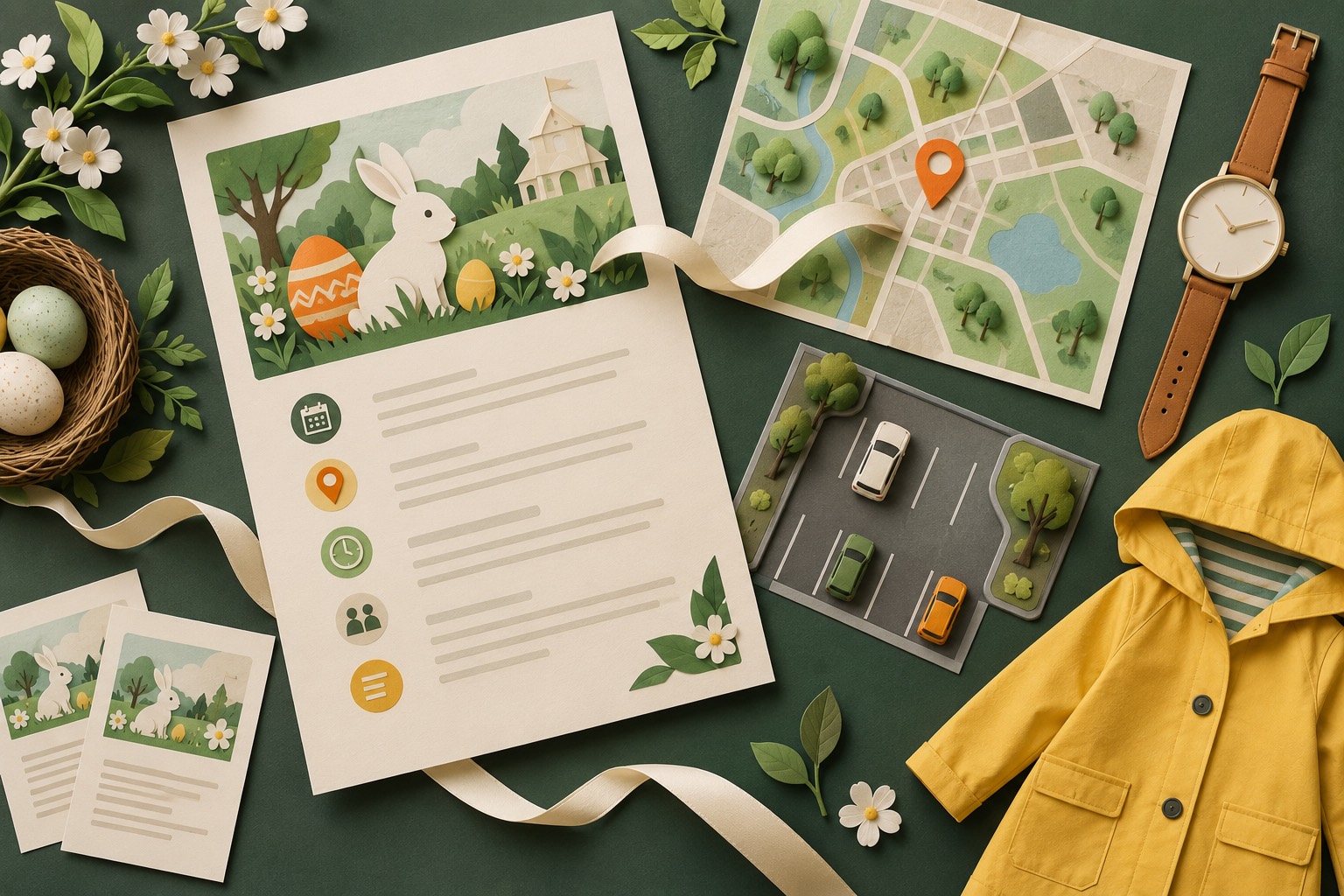A blank event sheet lies beside an unmarked map pin, miniature parking layout, watch without numerals, child-sized raincoat, and loose paper slips.