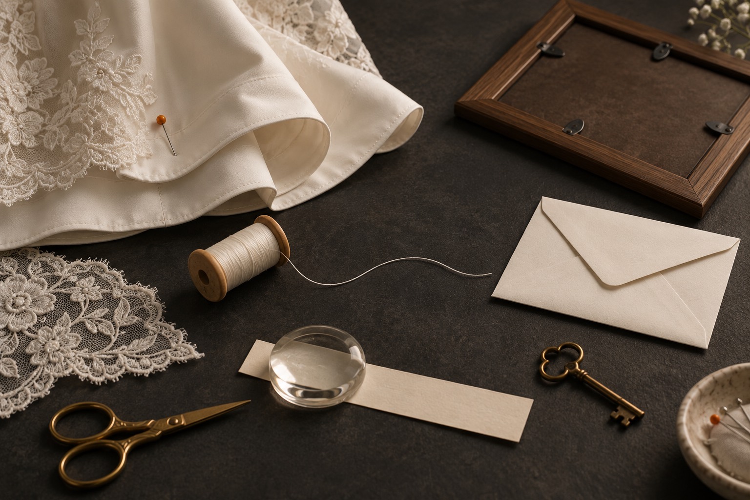 An ivory dress hem and lace lie on a dark worktable beside a blank envelope, brass key, clear sewing-weight, face-down photo frame, thread, and orange pin.