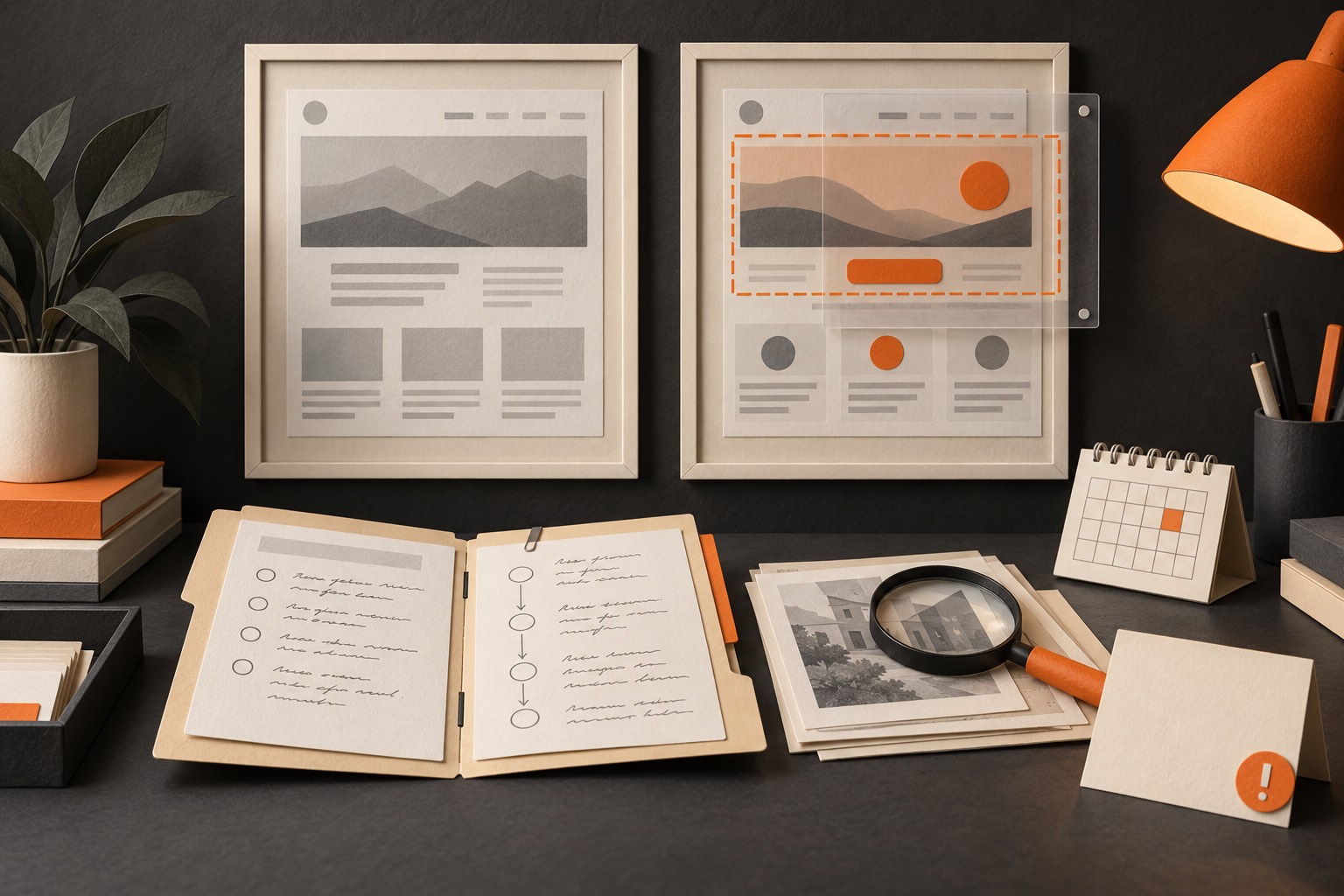 Two matched page sheets and a transparent overlay hang above an open evidence folder, method note, blank calendar-like object, magnifying glass, and limitation card.
