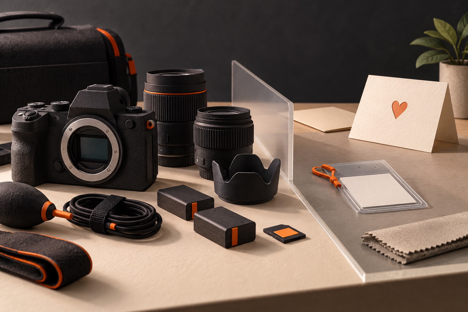 A camera body and accessories on a prep table beside a separated asset-tag sleeve, a face-down consent card, and a folded note.