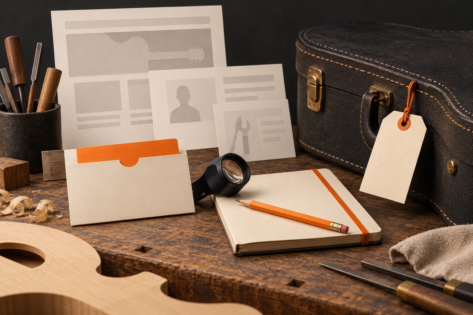 An unmarked card sleeve, closed workshop notebook, pencil, guitar-case service tag, and magnifying loupe on a bench beside blank paper.