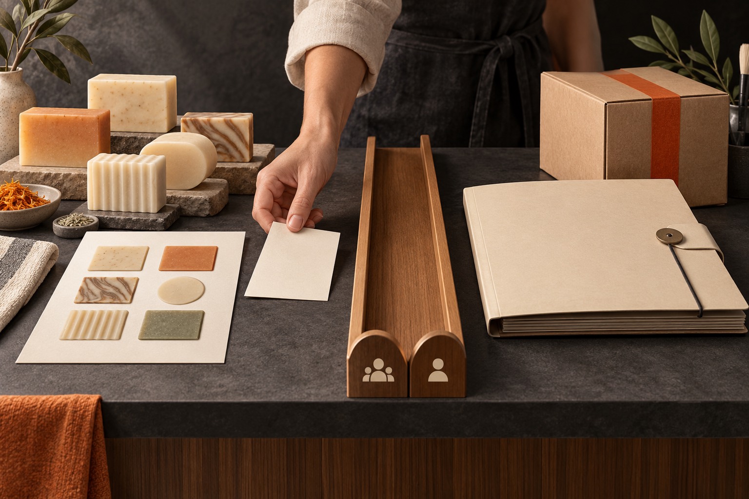 Soap bars and a blank product sheet sit on one side of a counter, separated from a closed account folder and sealed carton by a divider.
