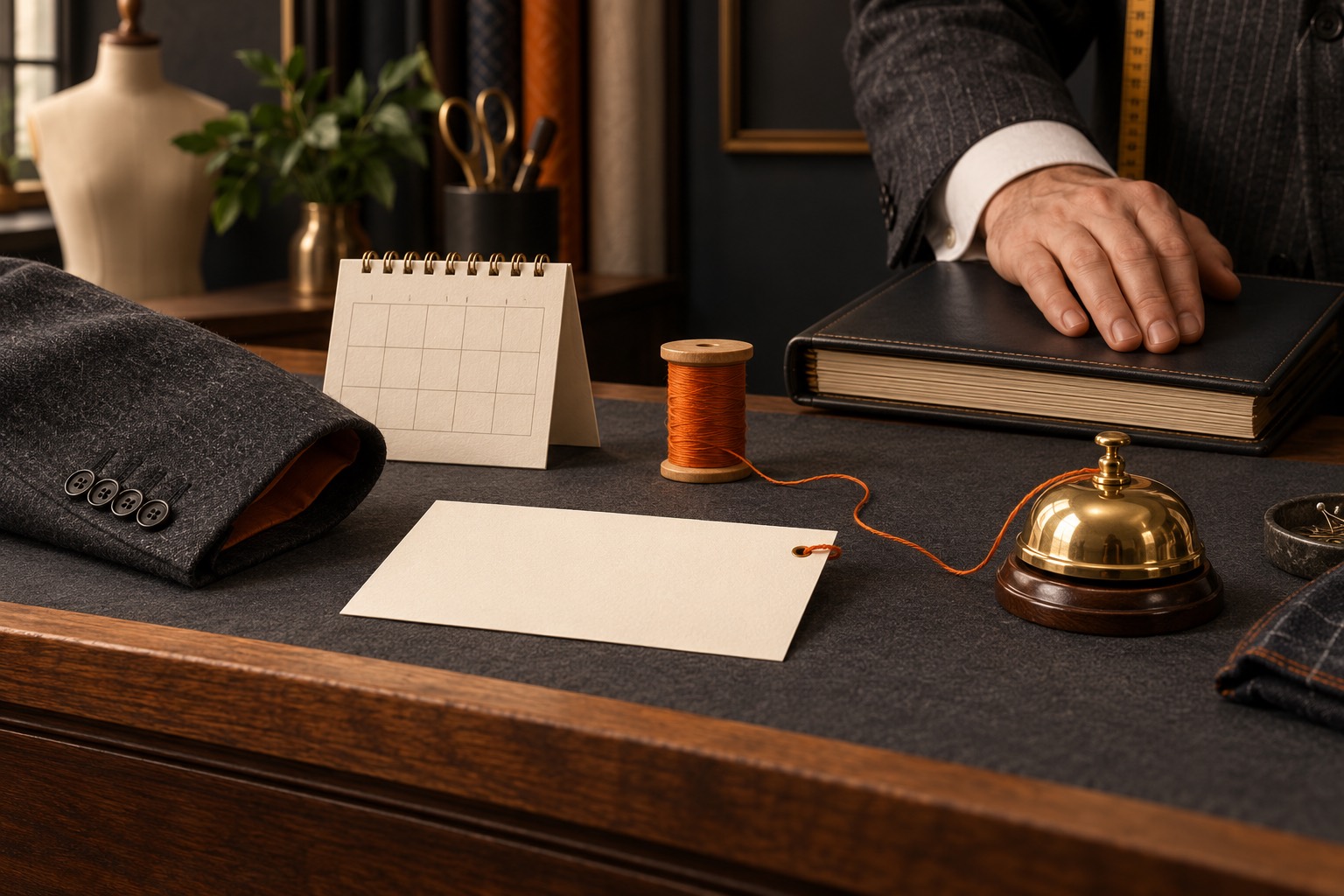 A blank request card, jacket sleeve, unmarked calendar page, thread spool, brass service bell, and closed appointment book on a tailor’s counter.