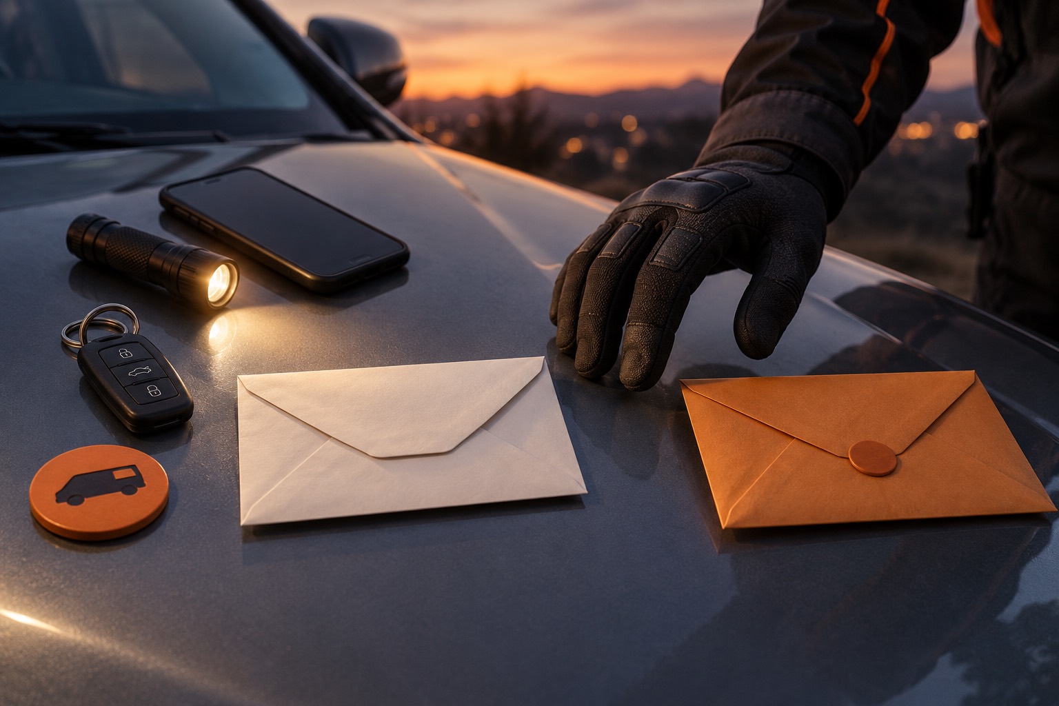 A car key fob, blank work order, flashlight, dark phone and two plain envelopes arranged on a vehicle hood.