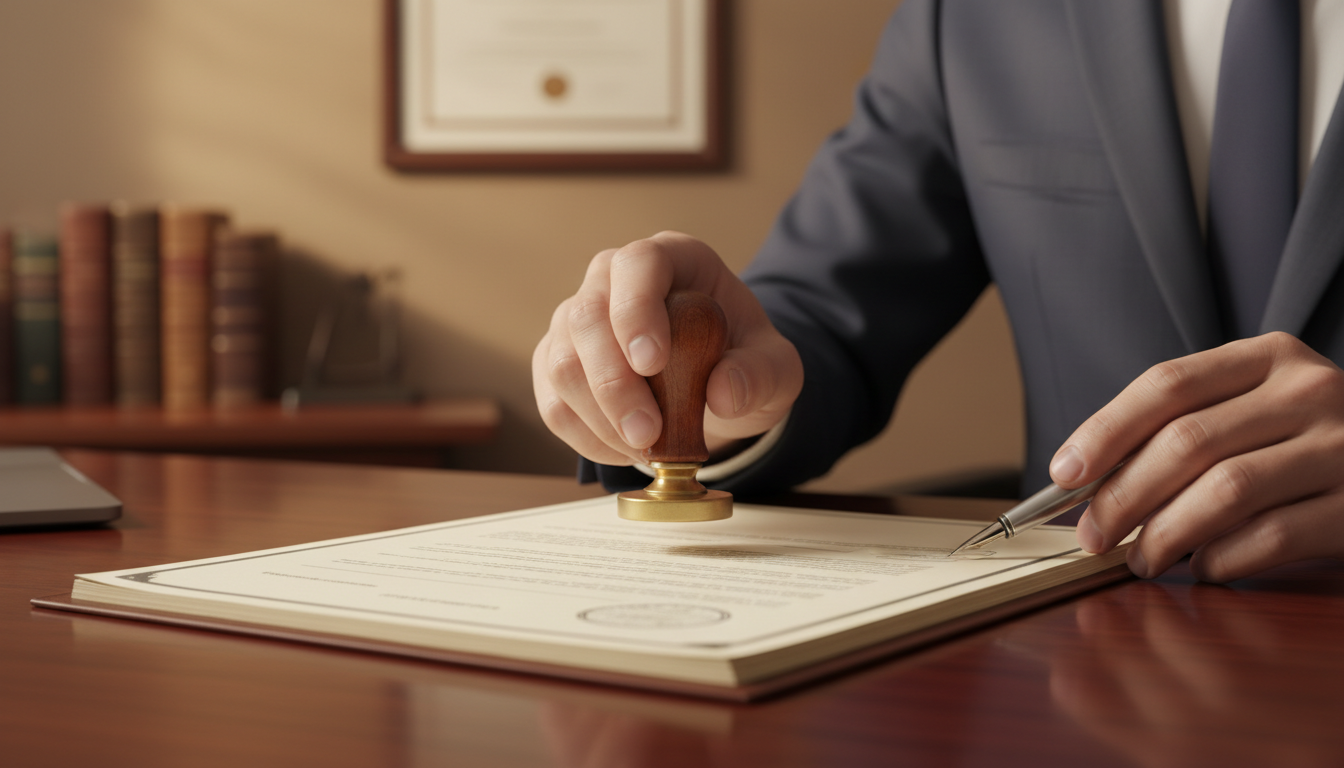 Notary stamp and documents on wooden desk
